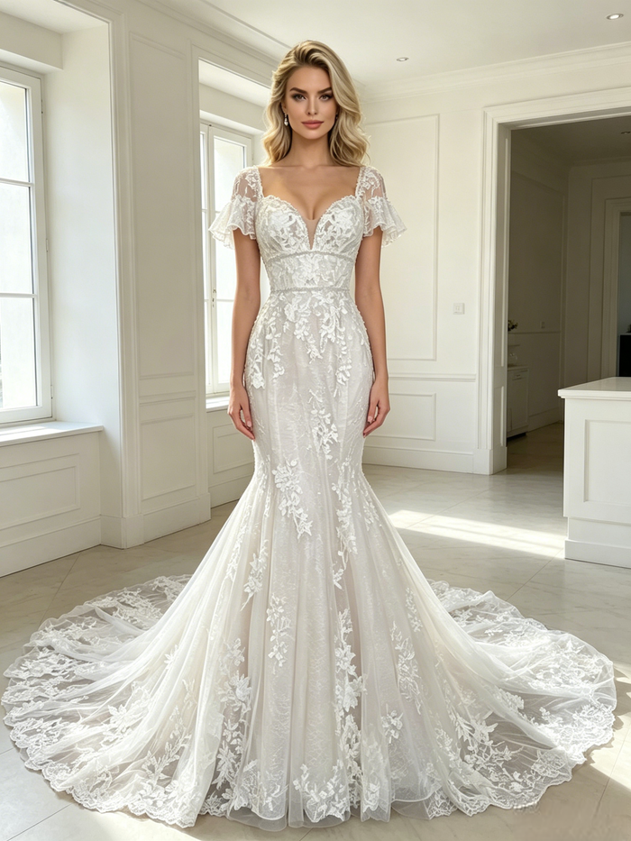 White Mermaid Tulle Appliques Short Sleeve Wedding Dress