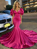 Fuchsia Satin Puff Sleeve Prom Dress