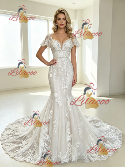 White Mermaid Tulle Appliques Short Sleeve Wedding Dress