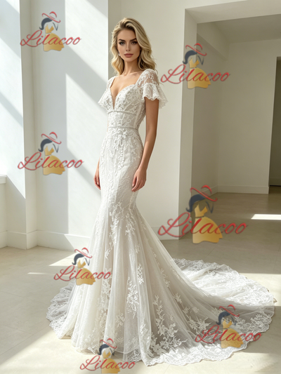 White Mermaid Tulle Appliques Short Sleeve Wedding Dress