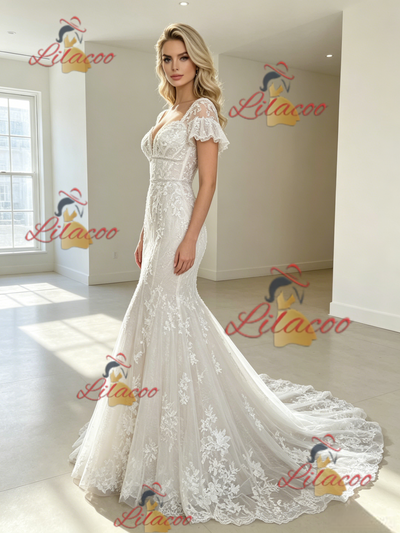 White Mermaid Tulle Appliques Short Sleeve Wedding Dress