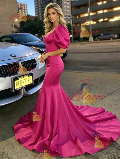 Fuchsia Satin Puff Sleeve Prom Dress