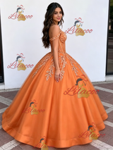 Orange Tulle Off the Shoulder Appliques Quinceanera Dress