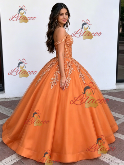 Orange Tulle Off the Shoulder Appliques Quinceanera Dress