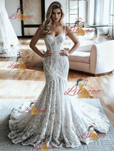 White Mermaid Lace Spaghetti Straps Wedding Dress