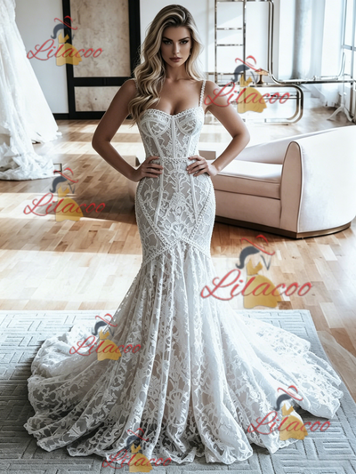 White Mermaid Lace Spaghetti Straps Wedding Dress