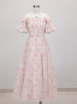 Strap Off-the-shoulder Bubble Sleeve Floral Dress