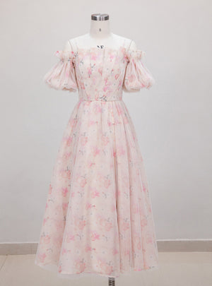 Strap Off-the-shoulder Bubble Sleeve Floral Dress