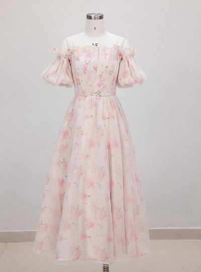 Strap Off-the-shoulder Bubble Sleeve Floral Dress