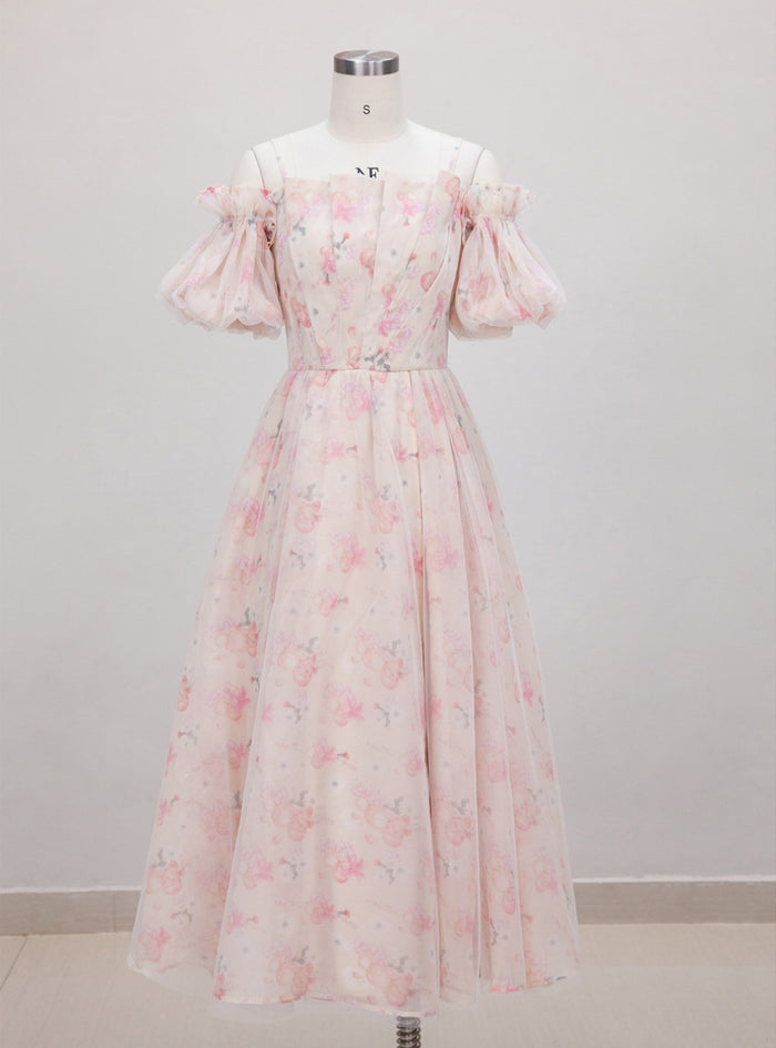 Strap Off-the-shoulder Bubble Sleeve Floral Dress