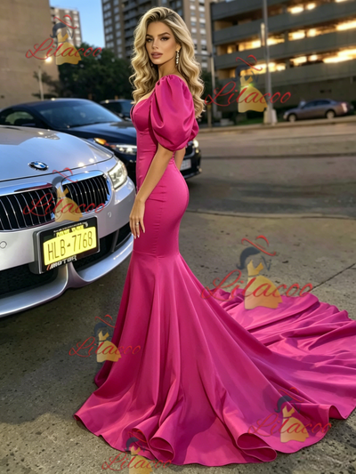 Fuchsia Satin Puff Sleeve Prom Dress