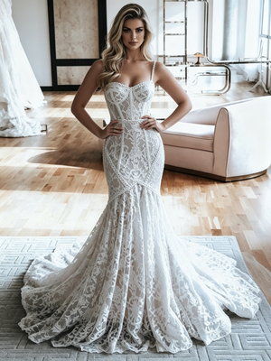 White Mermaid Lace Spaghetti Straps Wedding Dress