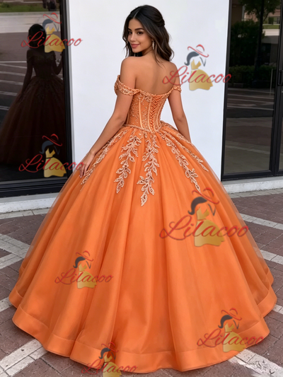 Orange Tulle Off the Shoulder Appliques Quinceanera Dress