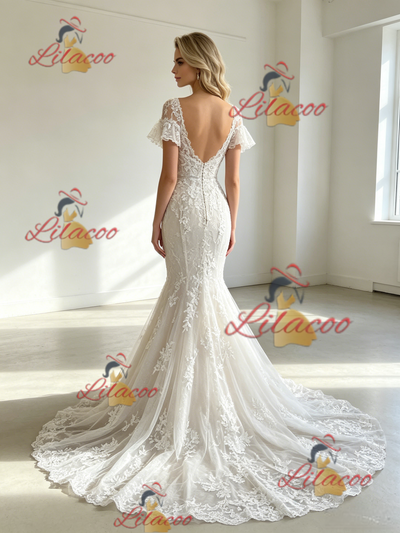White Mermaid Tulle Appliques Short Sleeve Wedding Dress