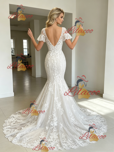 White Mermaid Tulle Appliques Short Sleeve Wedding Dress