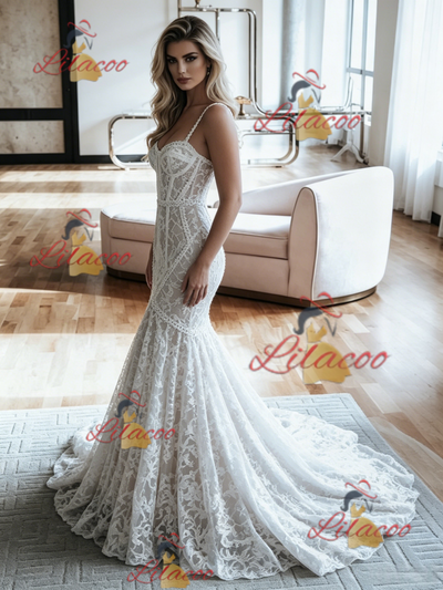 White Mermaid Lace Spaghetti Straps Wedding Dress