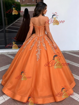 Orange Tulle Off the Shoulder Appliques Quinceanera Dress