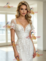 White Mermaid Tulle Appliques Short Sleeve Wedding Dress