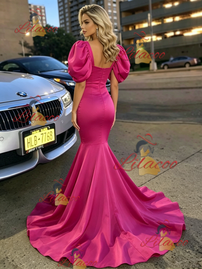Fuchsia Satin Puff Sleeve Prom Dress
