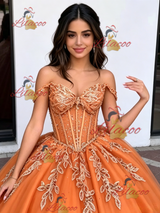 Orange Tulle Off the Shoulder Appliques Quinceanera Dress