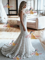 White Mermaid Lace Spaghetti Straps Wedding Dress