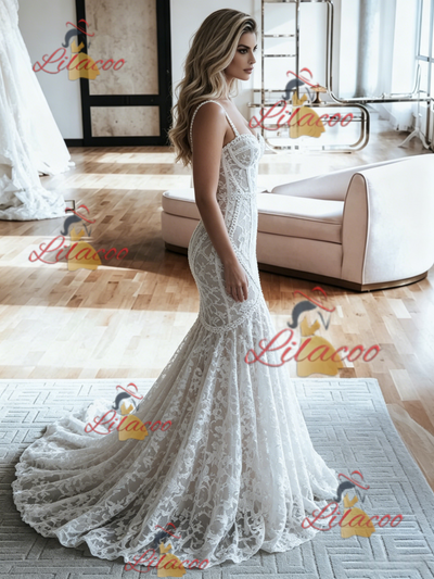White Mermaid Lace Spaghetti Straps Wedding Dress
