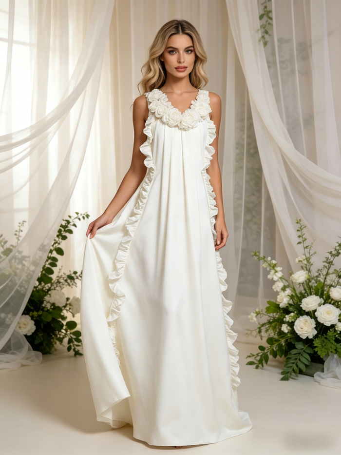Beige White V-neck 3D Flower Wedding Dress