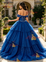 Blue Tulle Off the Shoulder Beading Quinceanera Dress