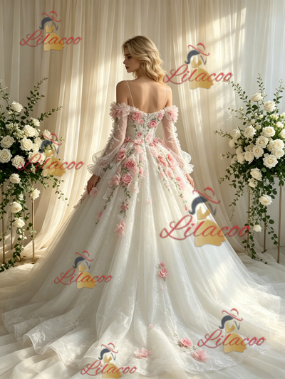 White Tulle Straps Appliques Wedding Dress