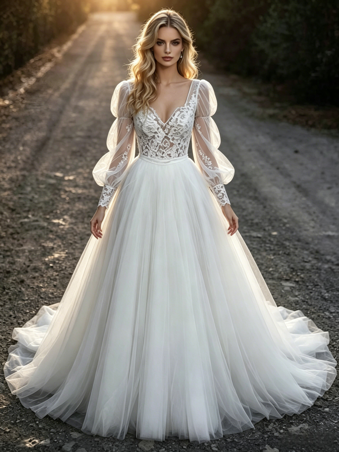 White Tulle Lace Long Sleeve Wedding Dress