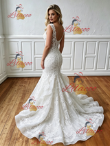 White Mermaid Appliques V-neck Wedding Dress