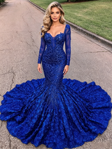 Blue Mermaid Long Sleeve Prom Dress