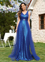 Royal Blue Sequins V-neck Prom Dress