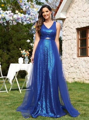 Royal Blue Sequins V-neck Prom Dress
