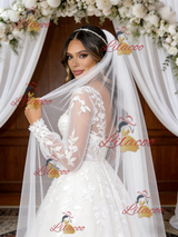 White Tulle Appliques Long Sleeve V-neck Wedding Dress