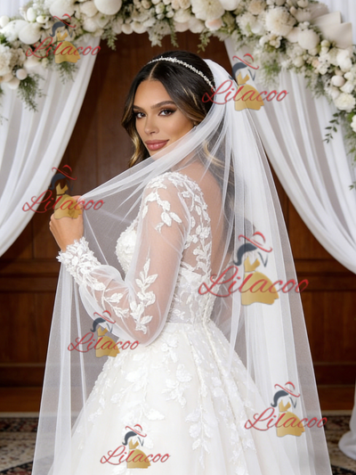 White Tulle Appliques Long Sleeve V-neck Wedding Dress