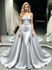 Silver Satin Strapless Pleats Prom Dress