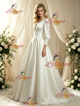 Ivory Satin Long Sleeve Backless Lace Wedding Dress