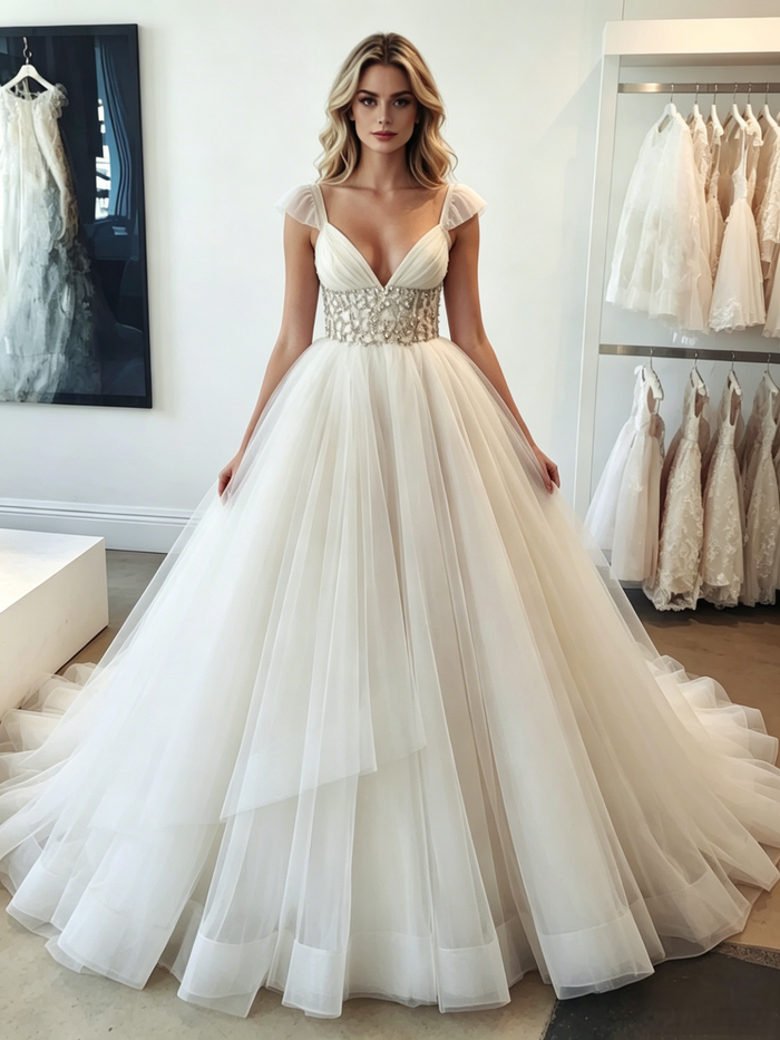 White Tulle V-neck Straps Beading Wedding Dress