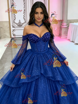 Blue Long Sleeve Sequins Beading Quinceanera Dress