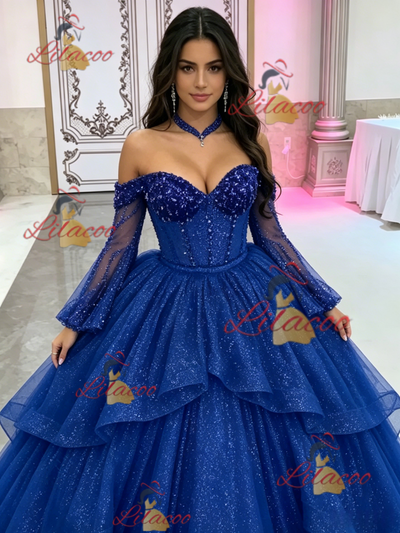 Blue Long Sleeve Sequins Beading Quinceanera Dress