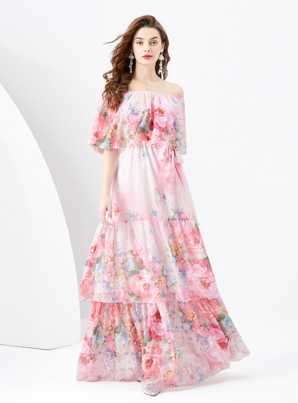 Lotus Leaf Printed Long Cake Dress