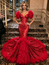 Red Mermaid Sequins Puff Sleeve Prom Dress