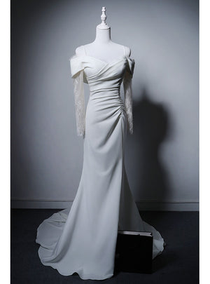 White Mermaid Long Sleeve Pleats Wedding Dress