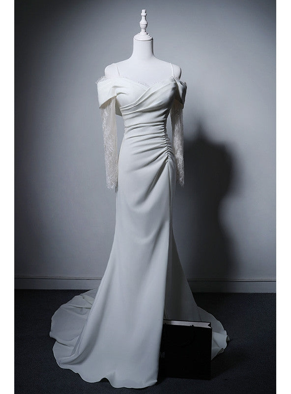 White Mermaid Long Sleeve Pleats Wedding Dress