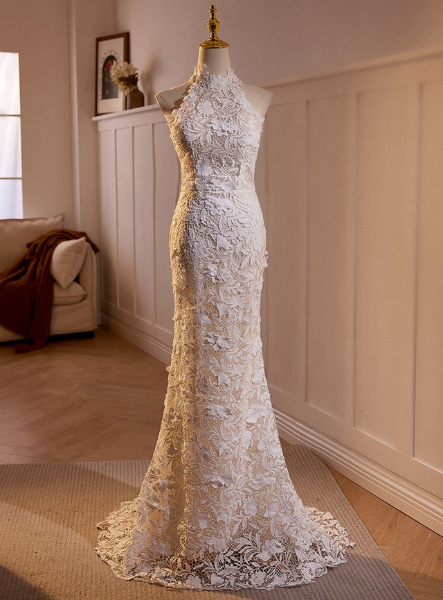 White Mermaid Lace Backless Wedding Dress