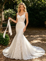 White Mermaid V-neck Lace Wedding Dress