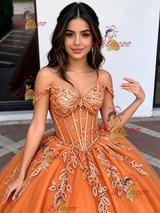 Orange Tulle Off the Shoulder Appliques Quinceanera Dress