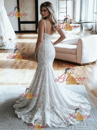 White Mermaid Lace Spaghetti Straps Wedding Dress