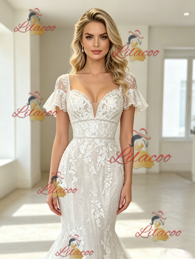 White Mermaid Tulle Appliques Short Sleeve Wedding Dress